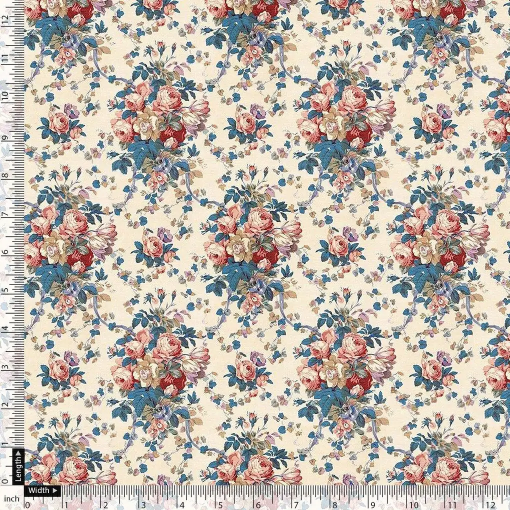 Beautiful Ditsy Flowers On Blue Digital Printed Fabric - Rayon - Image 4