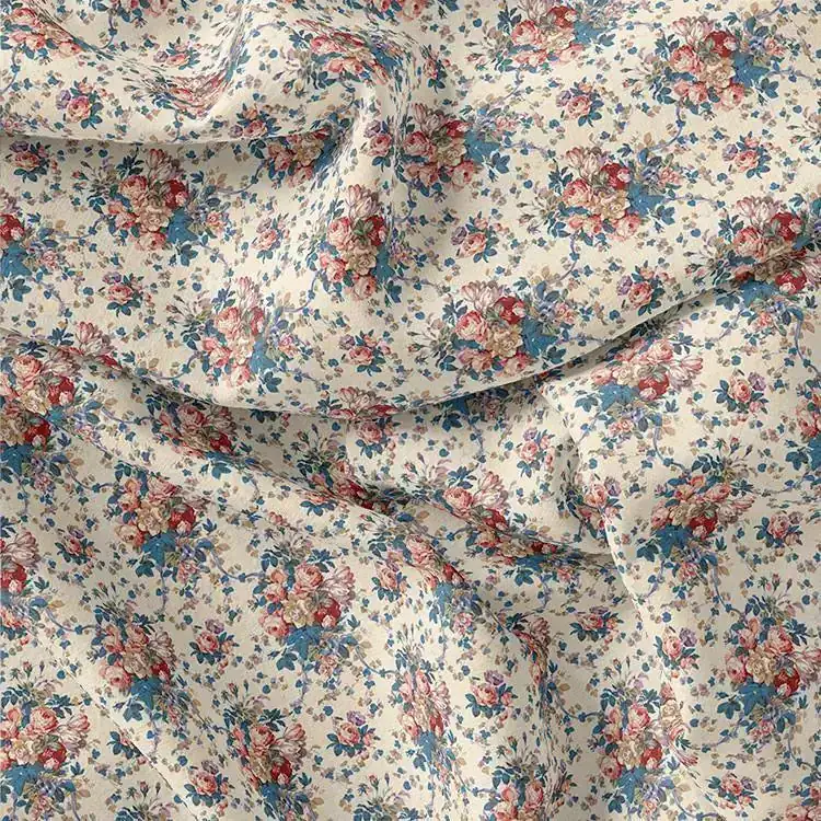 Beautiful Ditsy Flowers On Blue Digital Printed Fabric - Upada Silk - Image 3