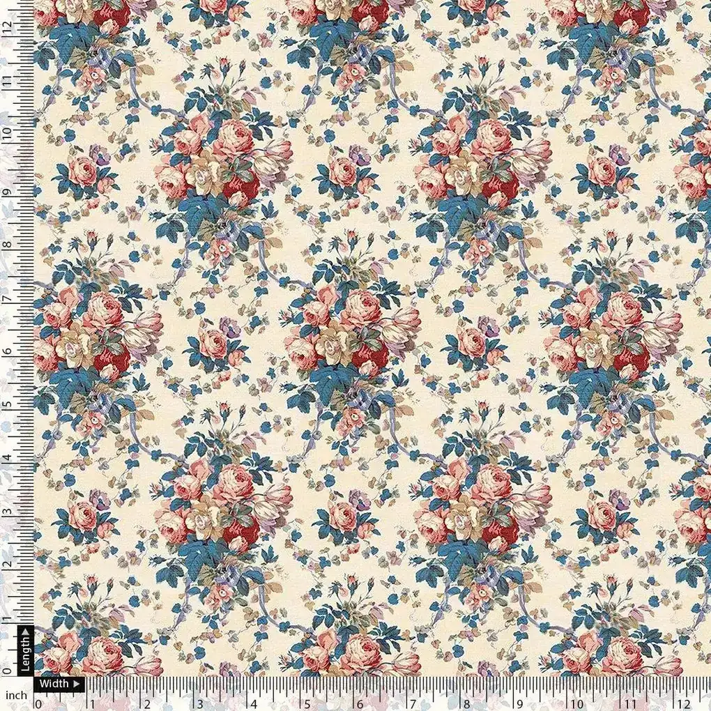 Beautiful Ditsy Flowers On Blue Digital Printed Fabric - Upada Silk - Image 4