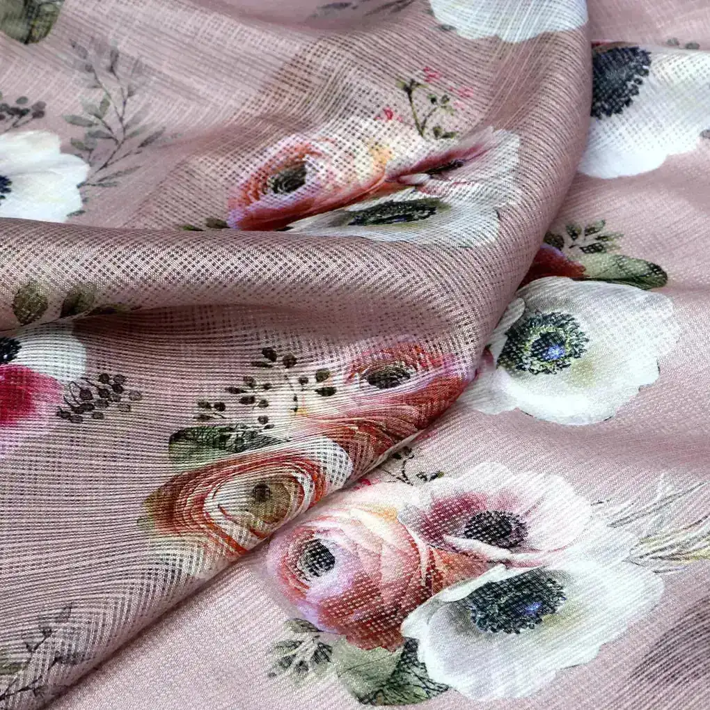Beautiful Floral Over Brown Digital Printed Kota Doria Fabric - Image 2