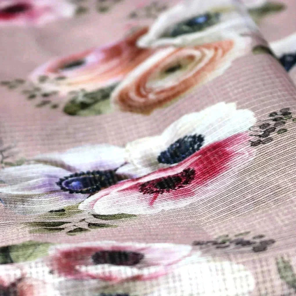 Beautiful Floral Over Brown Digital Printed Kota Doria Fabric - Image 3