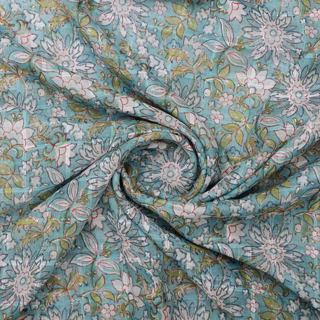 Beautiful Green and White Floral Digital Printed Linen Fabric - Image 3