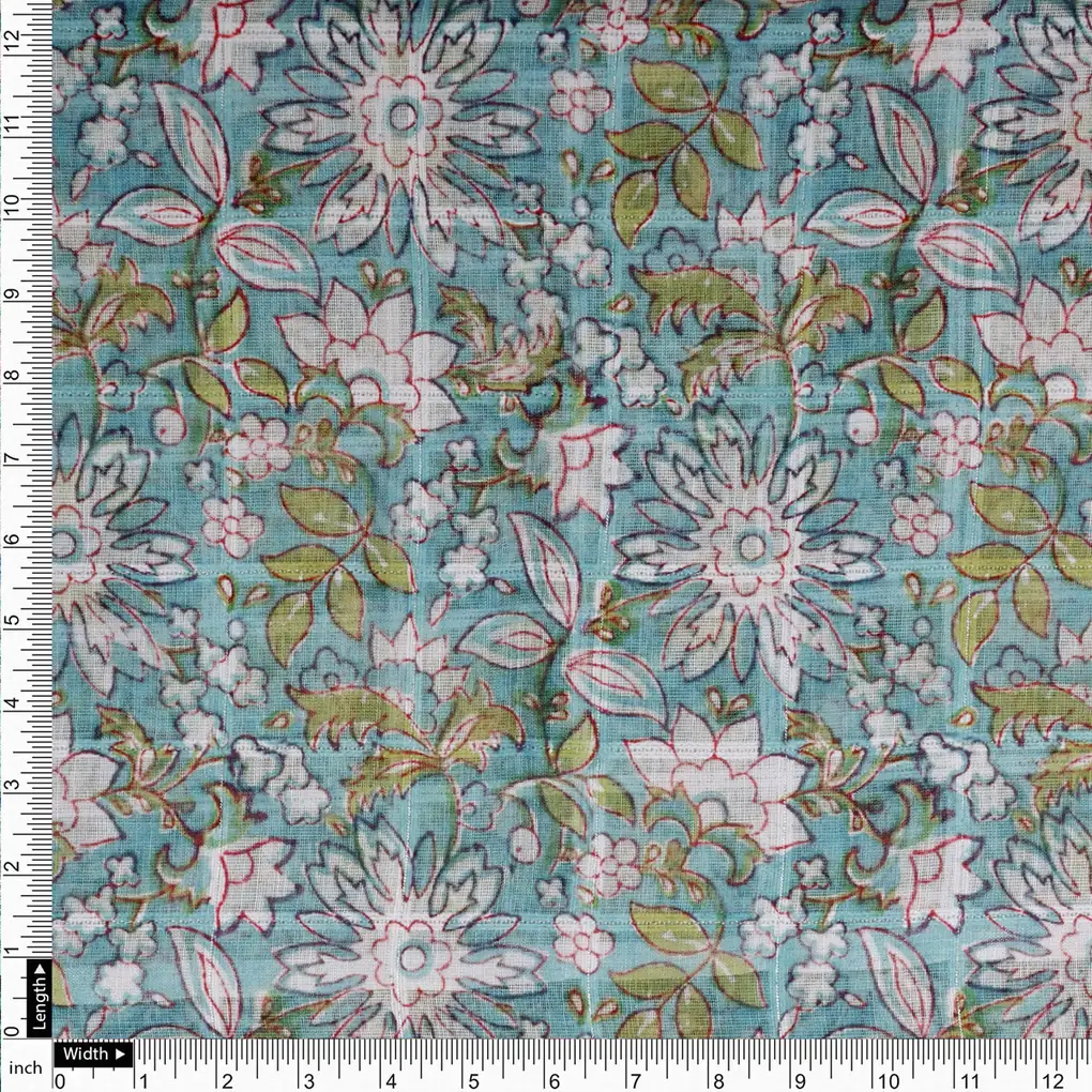 Beautiful Green and White Floral Digital Printed Linen Fabric - Image 4