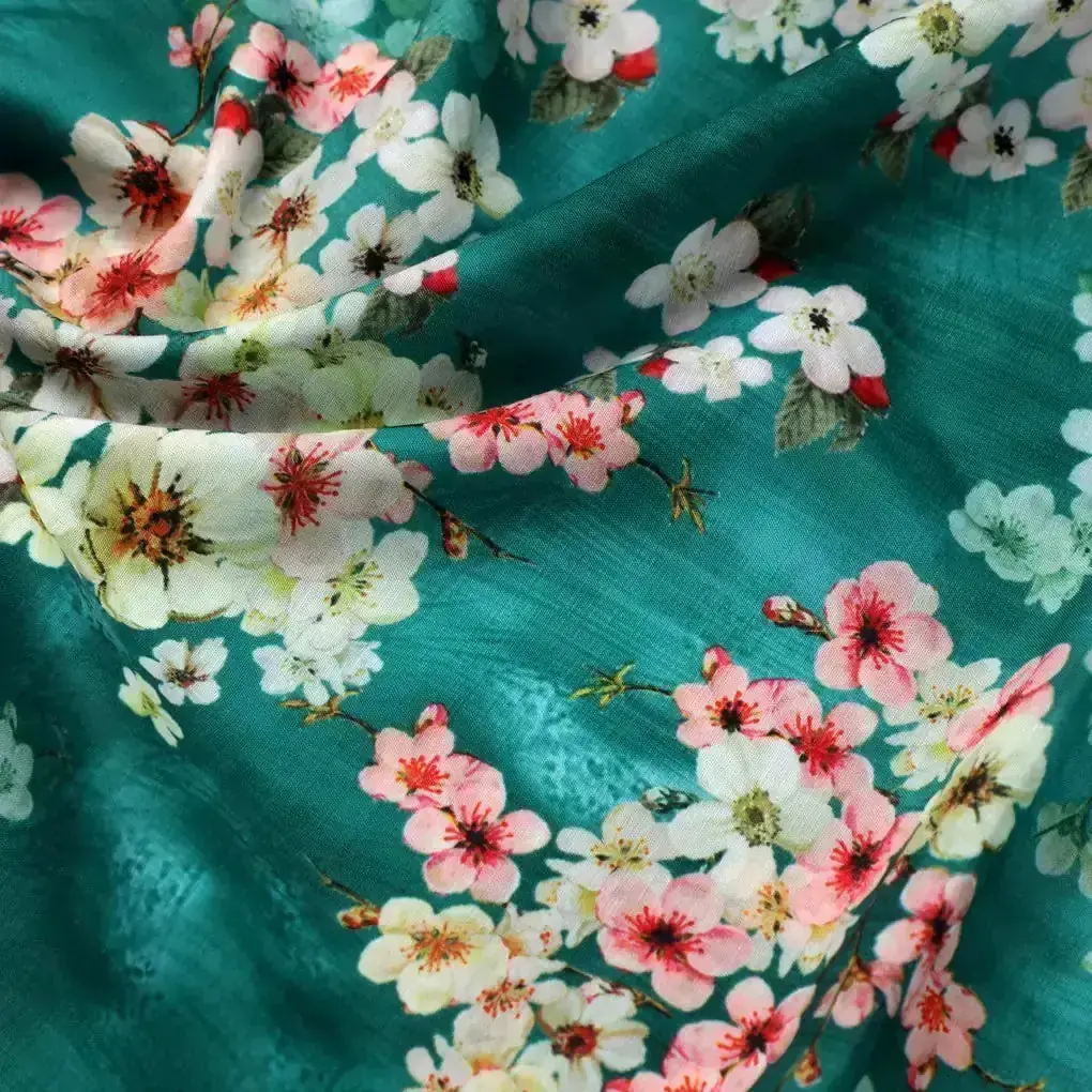 Beautiful Green Floral Digital Printed Kora Silk Fabric - Image 3