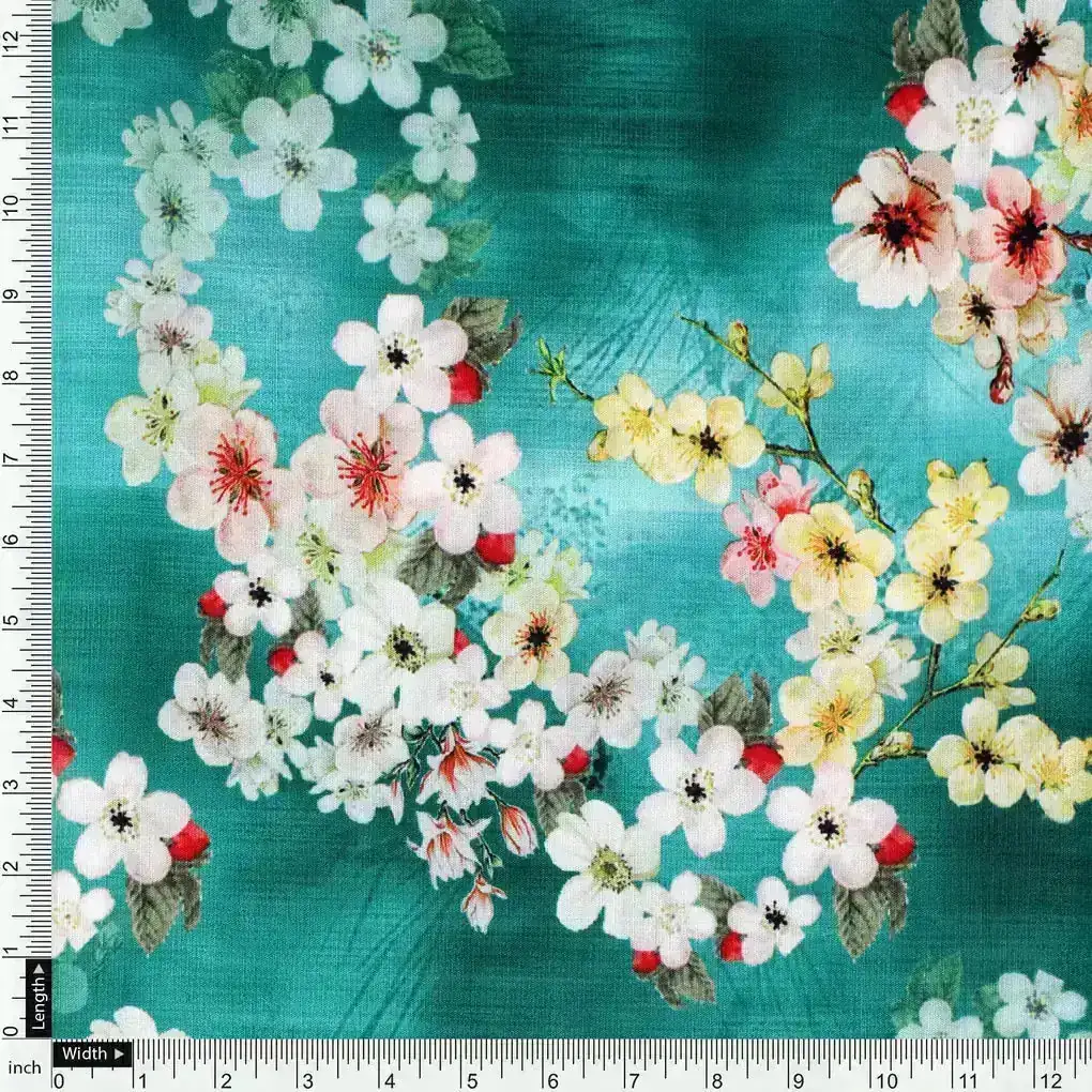 Beautiful Green Floral Digital Printed Kora Silk Fabric - Image 4