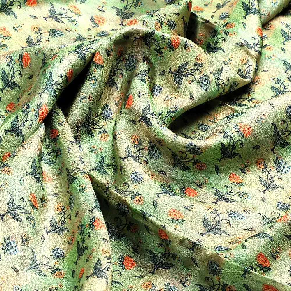 Beautiful Green Seamless Motif Flower Digital Printed Fabric - Upada Silk - Image 3
