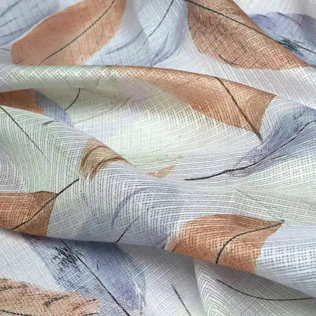 Beautiful Leaves Floating on White Base Digital Printed Kota Doria Fabric - Image 3