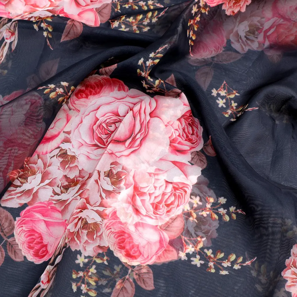 Beautiful Multicolour Roses With  Digital Printed Fabric - Organza - Image 3