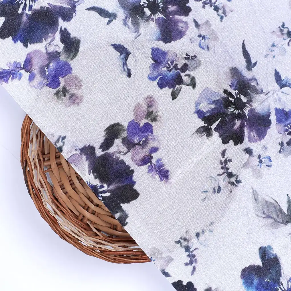 Beautiful Pansy Blue Flower Digital Printed Fabric - Crepe - Image 2