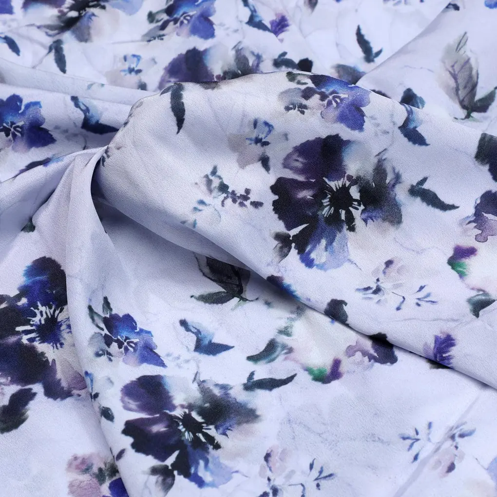 Beautiful Pansy Blue Flower Digital Printed Fabric - Crepe - Image 3