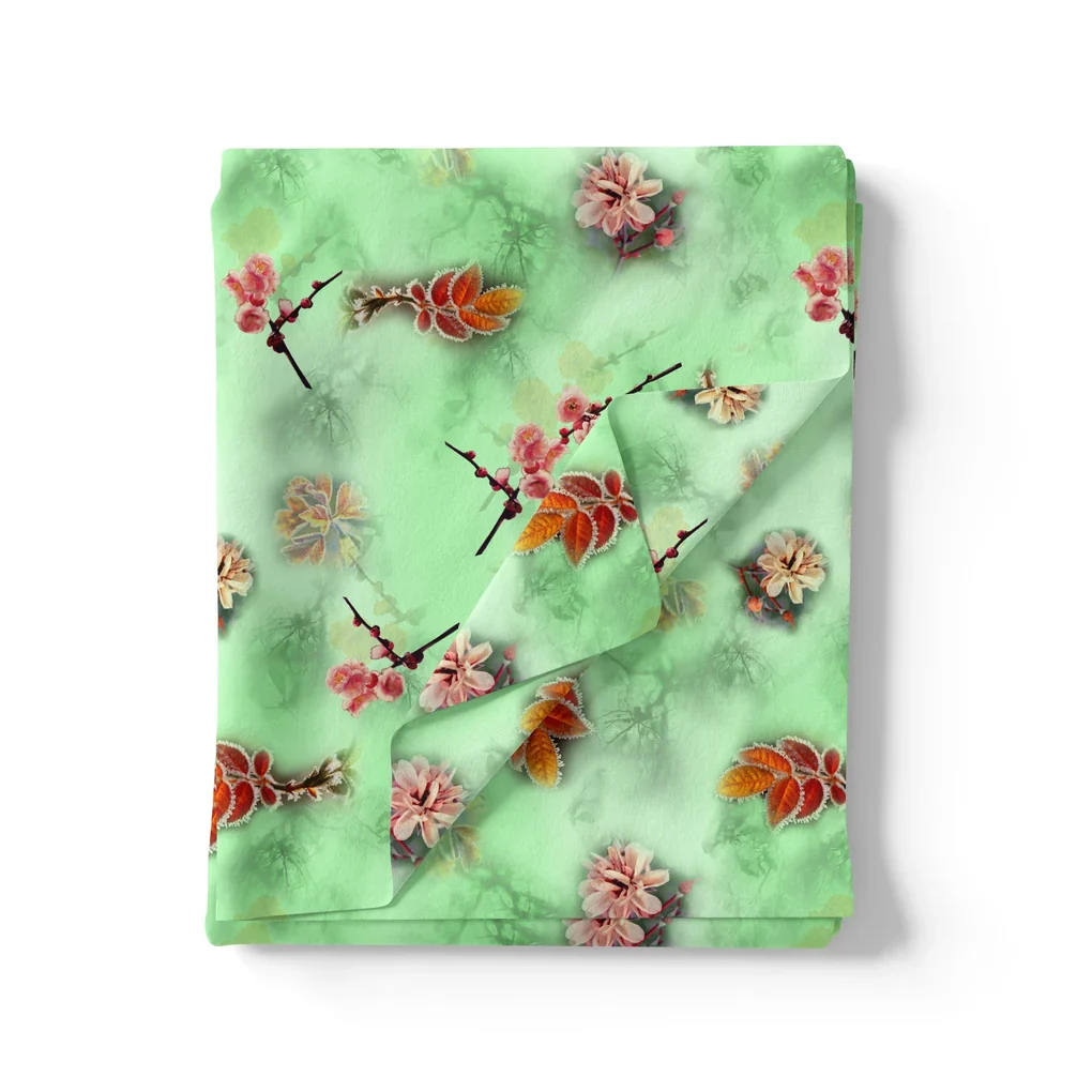 Beautiful Pink Floral With Red Leaves Digital Printed Fabric - Image 3