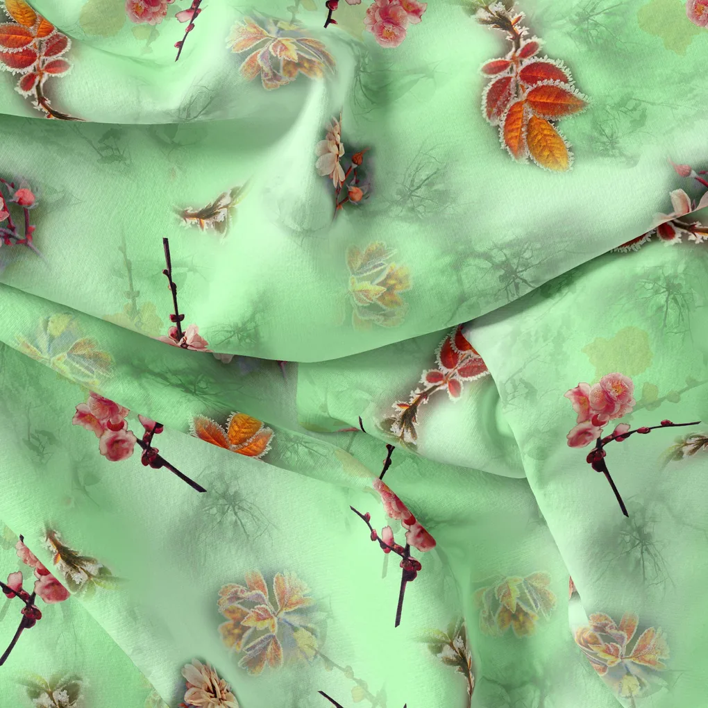Beautiful Pink Floral With Red Leaves Digital Printed Fabric - Image 4