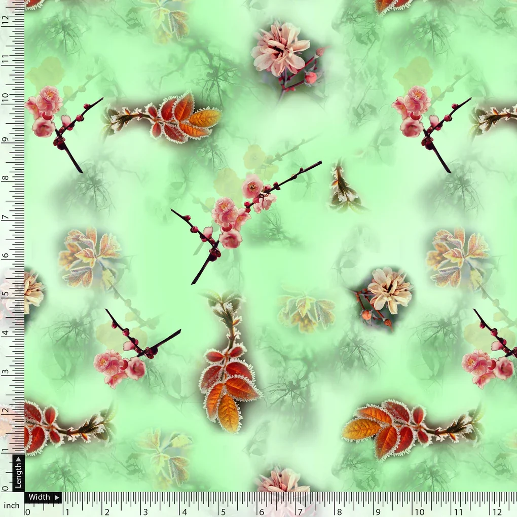 Beautiful Pink Floral With Red Leaves Digital Printed Fabric - Image 5