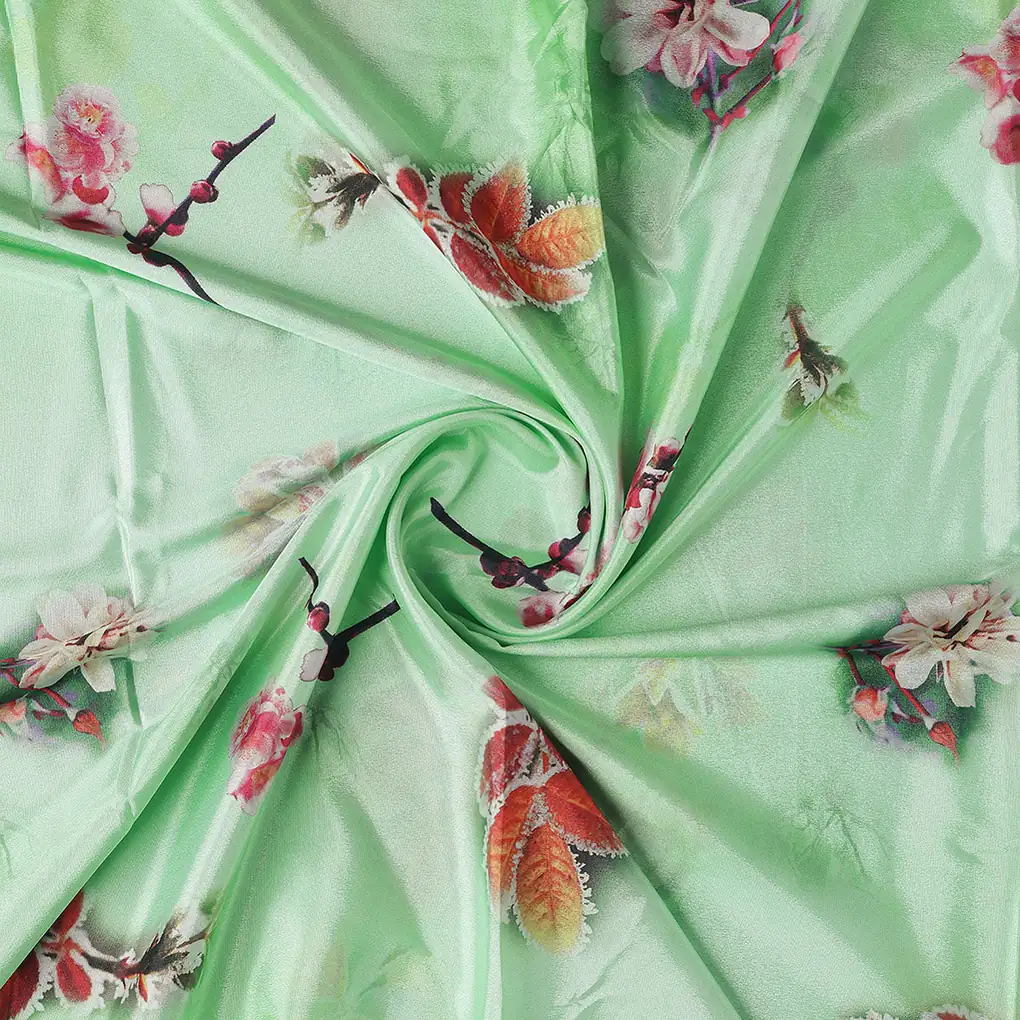 Beautiful Pink Floral With Red Leaves Digital Printed Fabric - Silk Crepe - Image 2