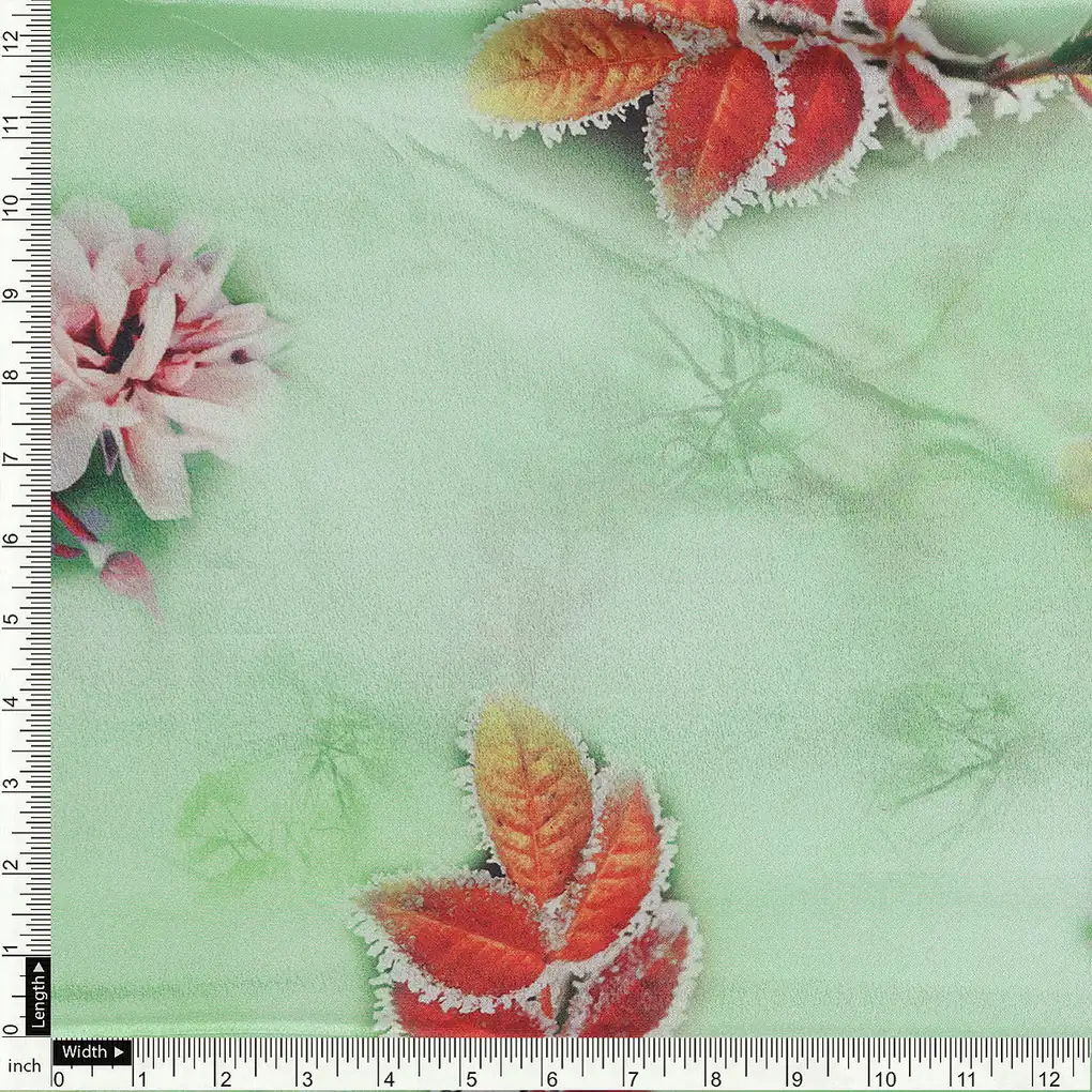 Beautiful Pink Floral With Red Leaves Digital Printed Fabric - Silk Crepe - Image 4