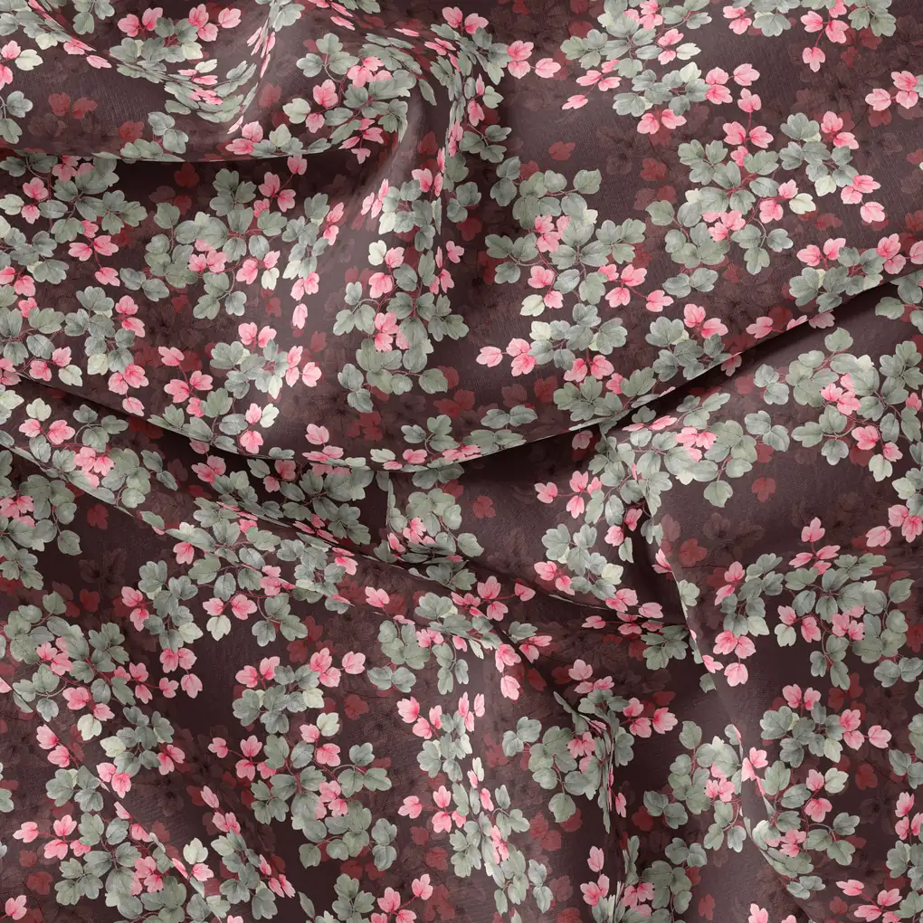 Beautiful Pink With Grey Leaves Digital Printed Fabric - Image 4