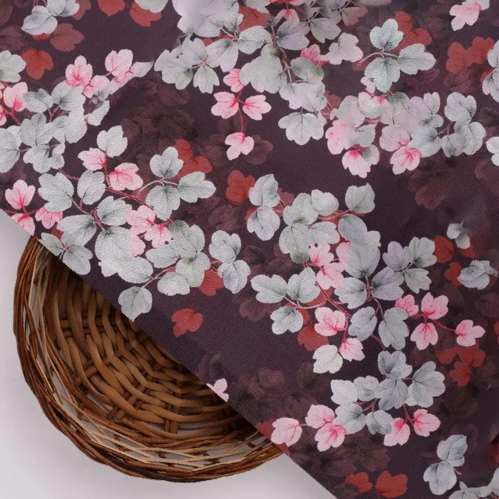 Beautiful Pink With Grey Leaves Digital Printed Fabric - Japan Satin - Image 2