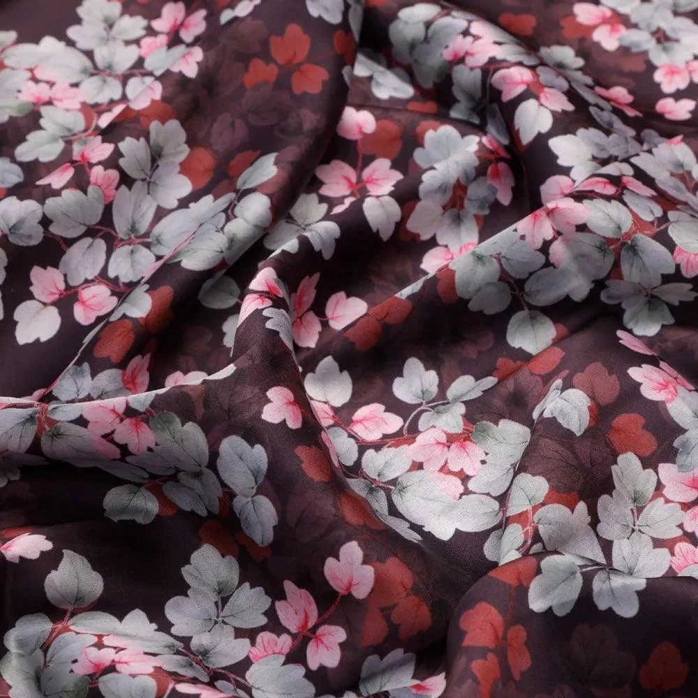 Beautiful Pink With Grey Leaves Digital Printed Fabric - Japan Satin - Image 3