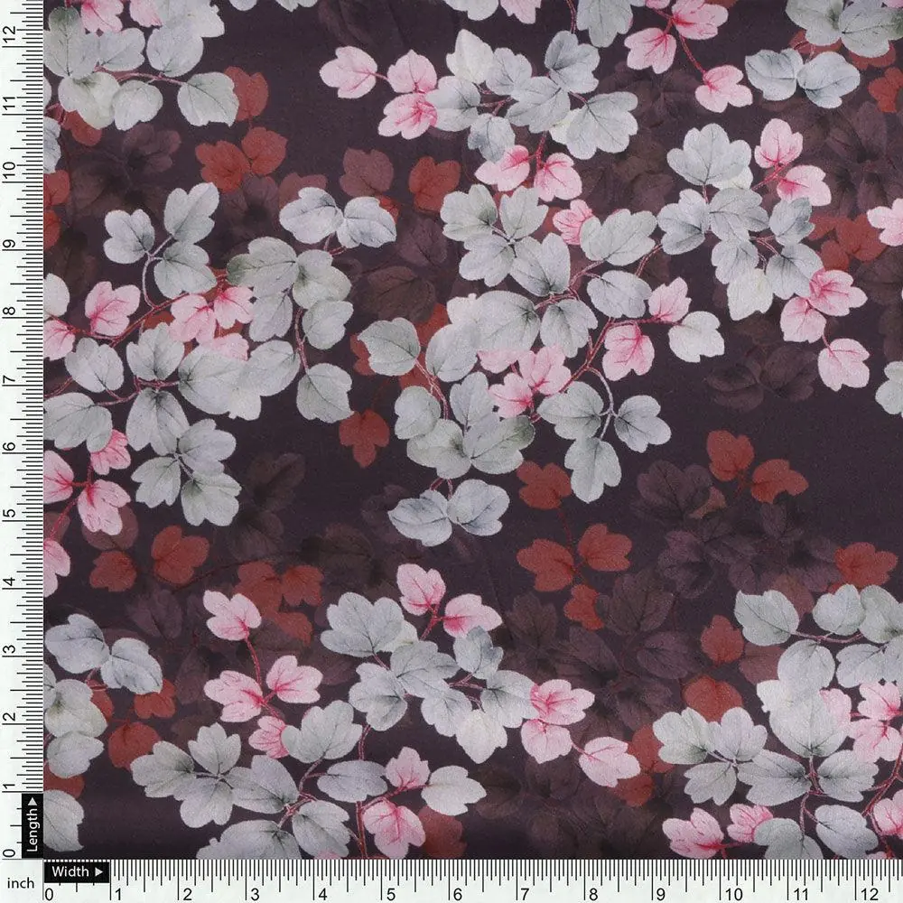 Beautiful Pink With Grey Leaves Digital Printed Fabric - Japan Satin - Image 4