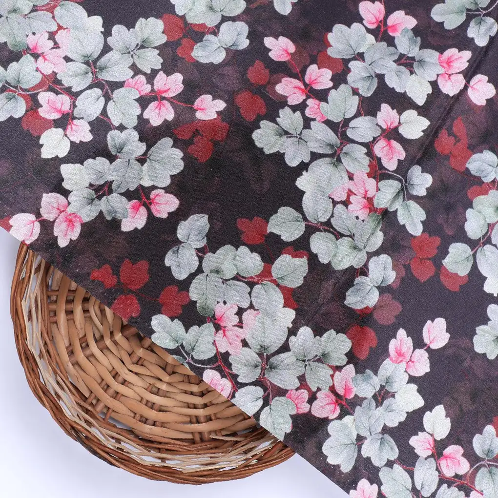Beautiful Pink With Grey Leaves Digital Printed Fabric - Silk Crepe - Image 2