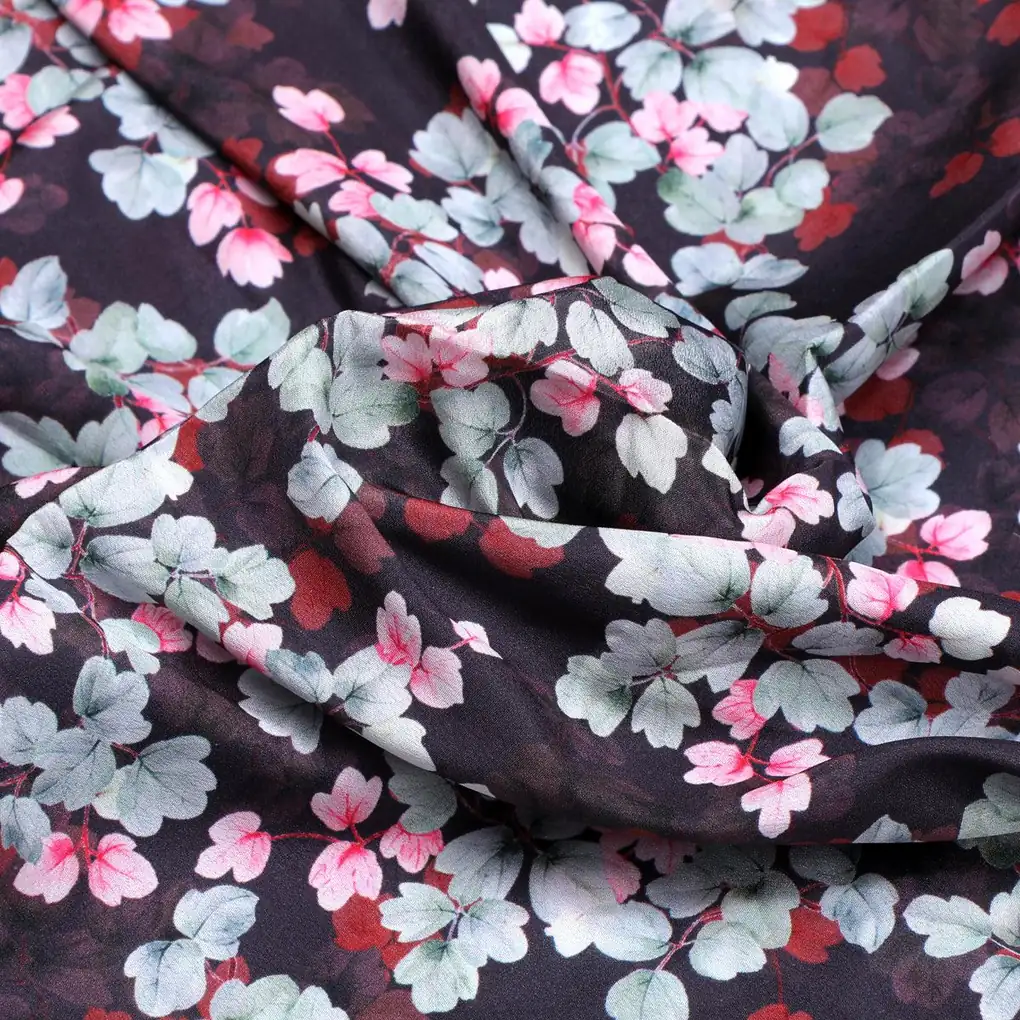 Beautiful Pink With Grey Leaves Digital Printed Fabric - Silk Crepe - Image 3