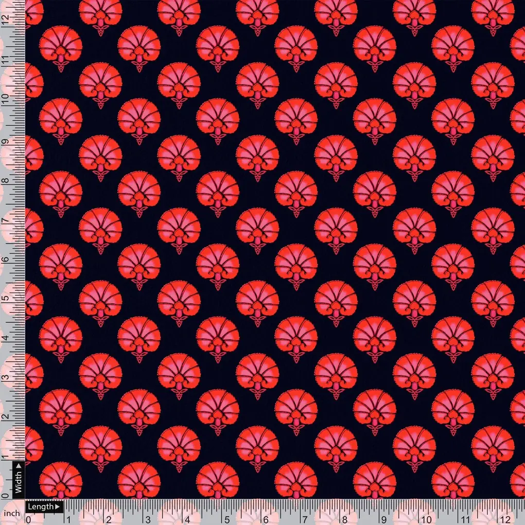 Beautiful Red Floral Over Dark Blue Base Printed Fabric - Image 4