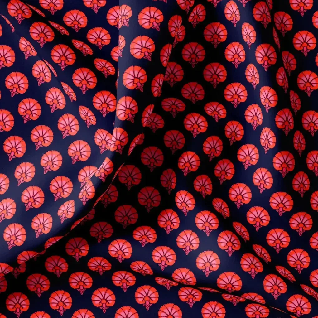 Beautiful Red Floral Over Dark Blue Base Printed Fabric - Image 3