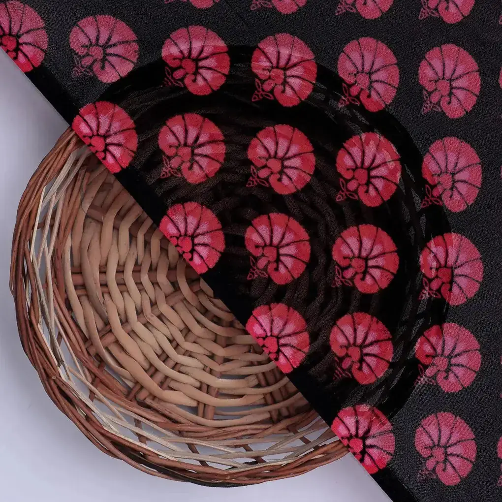 Beautiful Red Floral Over Dark Blue Base Printed Fabric - Image 2