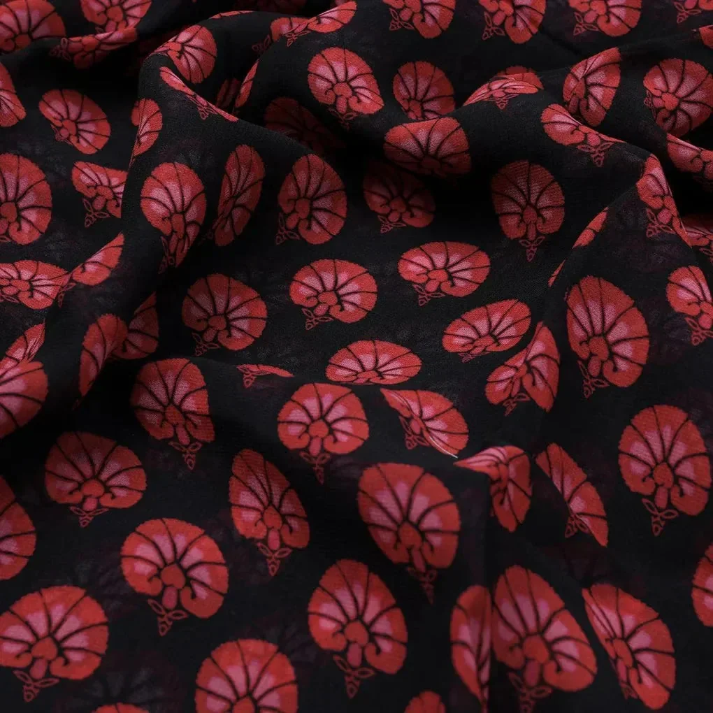 Beautiful Red Floral Over Dark Blue Base Printed Fabric - Image 3
