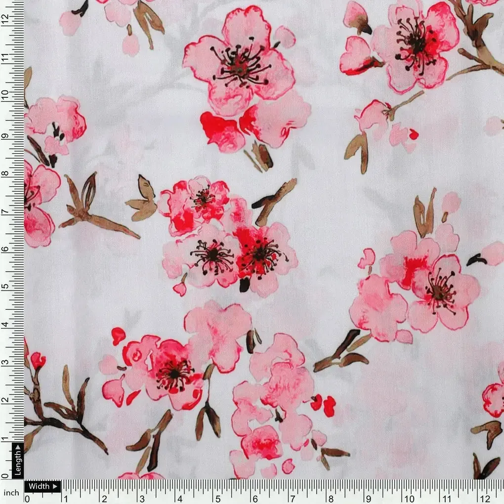 Beautiful Red Flowers Over White Base Digital Printed Fabric - Image 4
