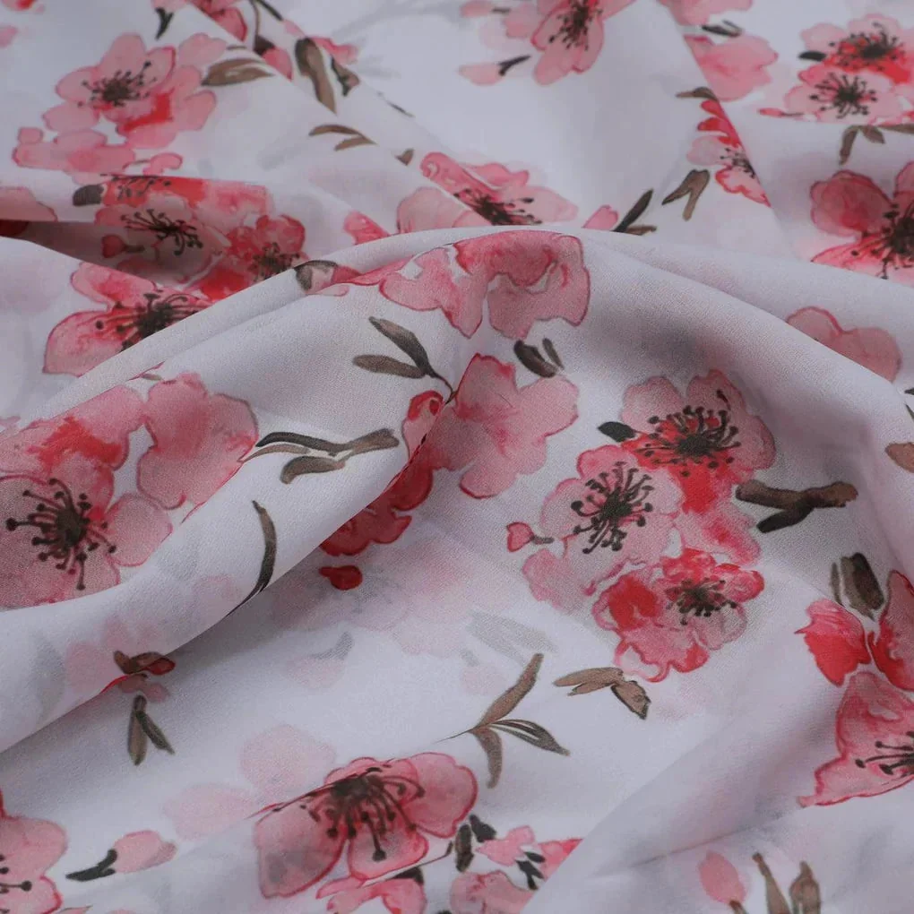 Beautiful Red Flowers over White Base Digital Printed Fabric - Image 3
