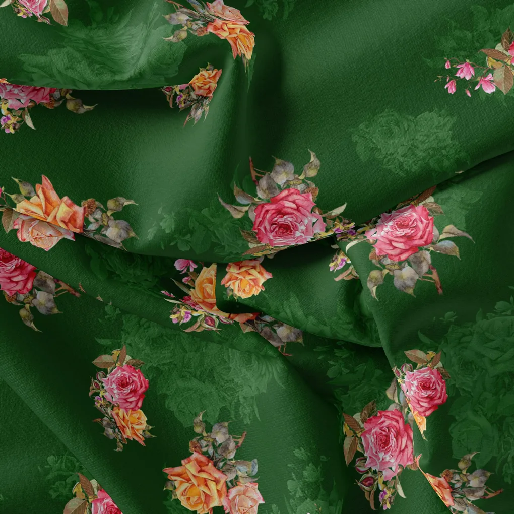 Beautiful Roses With Leaves Digital Printed Fabric - Image 3