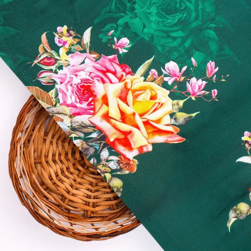 Beautiful Roses With Leaves Digital Printed Fabric - Japan Satin - Image 2
