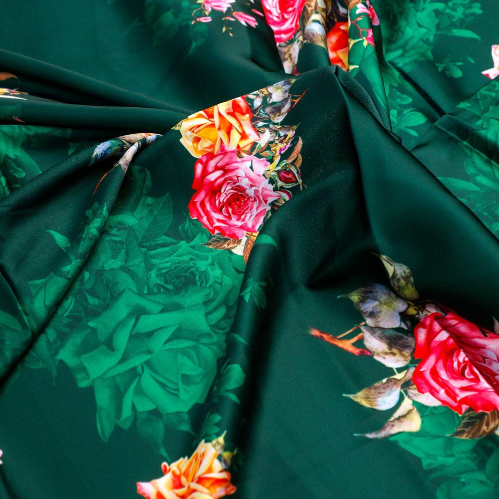 Beautiful Roses With Leaves Digital Printed Fabric - Japan Satin - Image 3