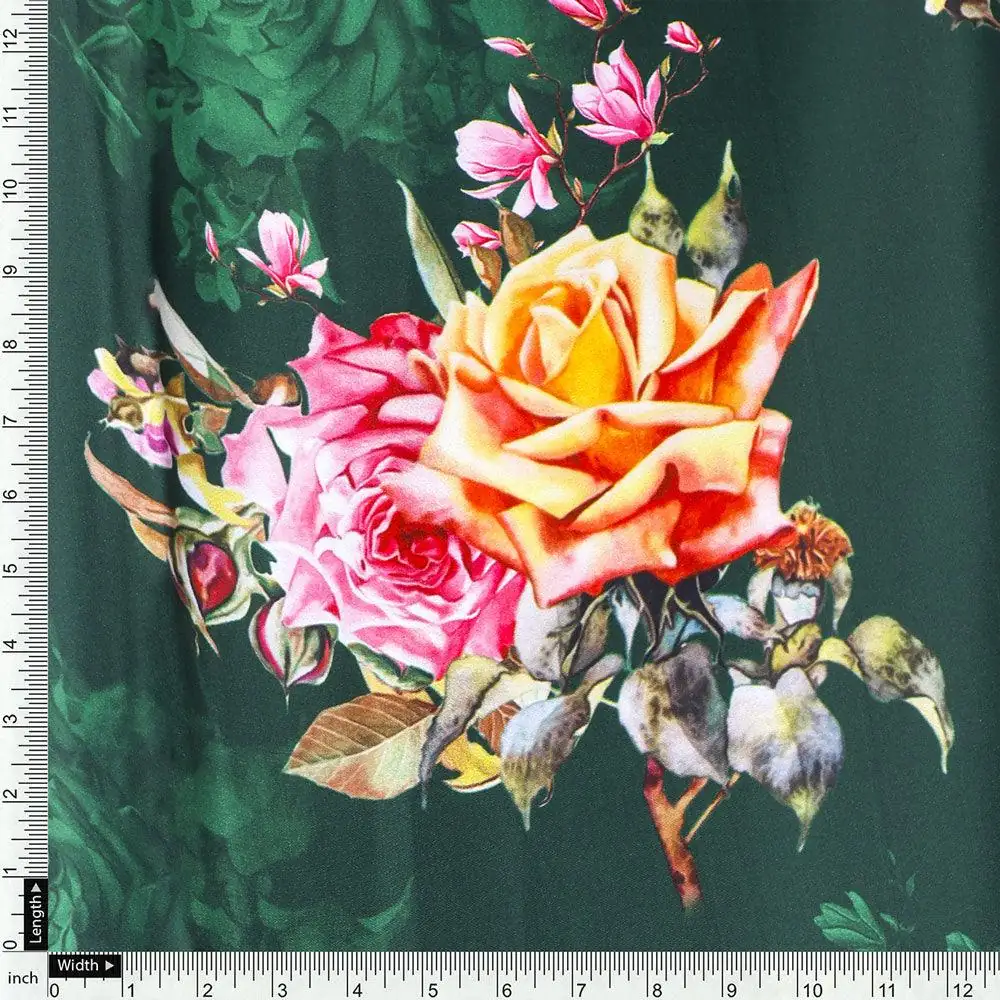 Beautiful Roses With Leaves Digital Printed Fabric - Japan Satin - Image 4