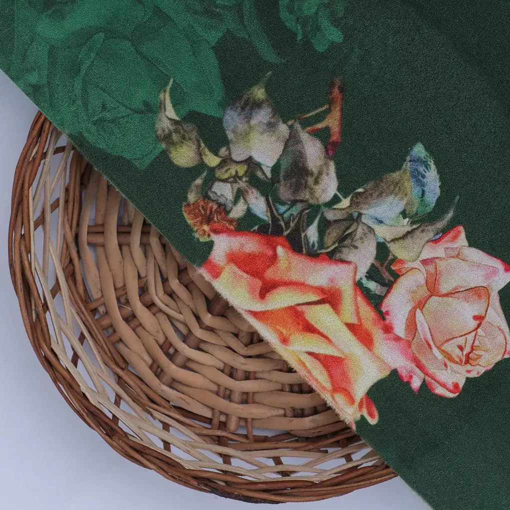 Beautiful Roses With Leaves Digital Printed Fabric - Silk Crepe - Image 2