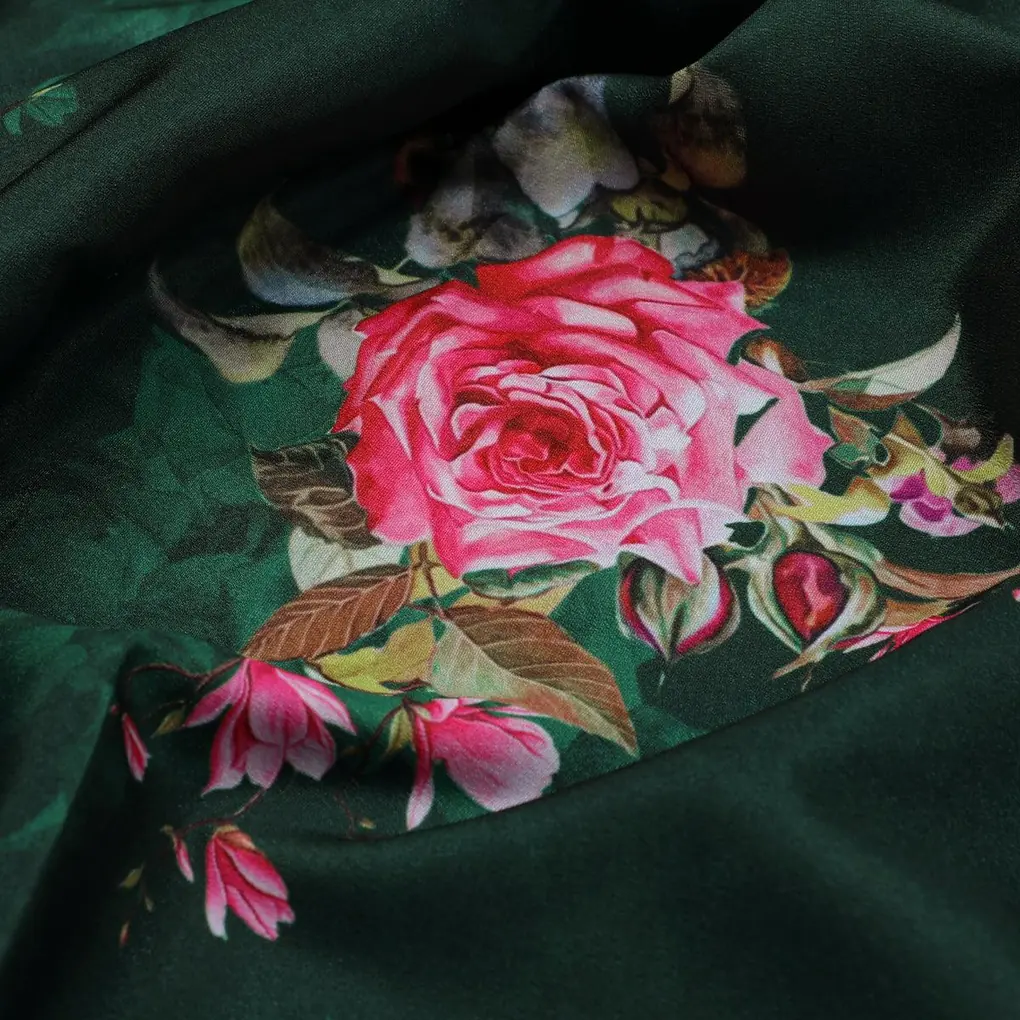Beautiful Roses With Leaves Digital Printed Fabric - Silk Crepe - Image 3