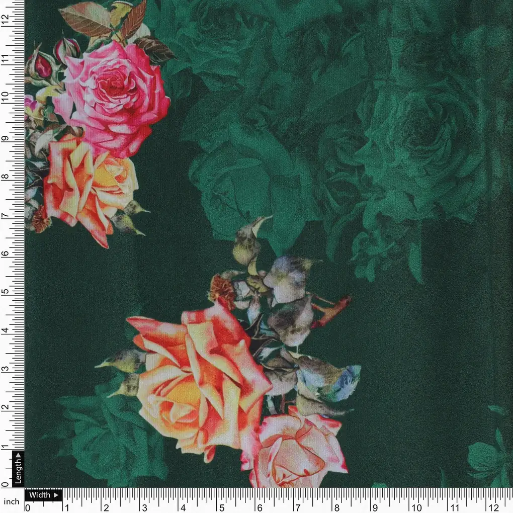 Beautiful Roses With Leaves Digital Printed Fabric - Silk Crepe - Image 4