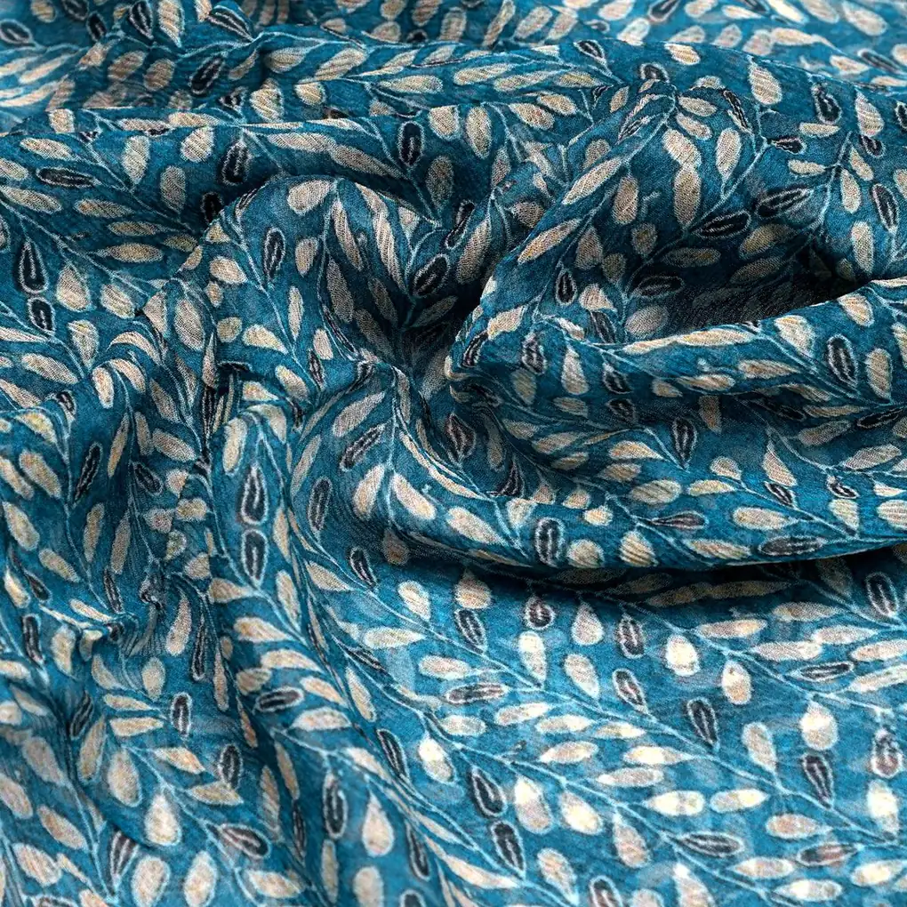Beautiful Valley Of Leaves With Blue Digital Printed Fabric - Pure Chiffon - Image 3