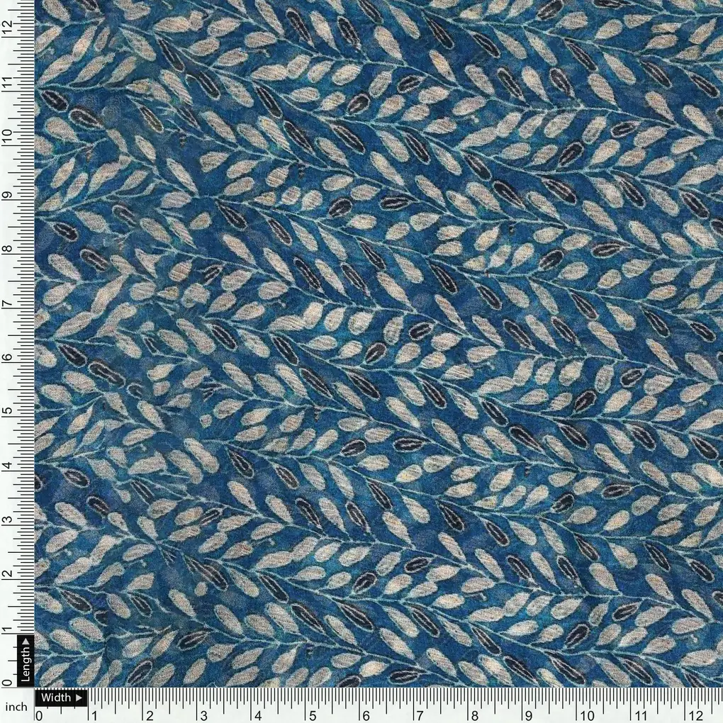 Beautiful Valley Of Leaves With Blue Digital Printed Fabric - Pure Chiffon - Image 4