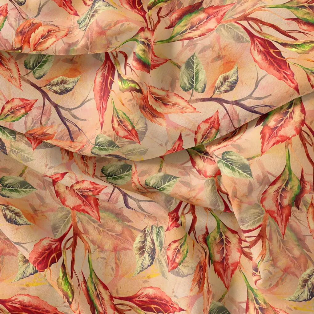 Beautiful Watercolour Gradient Autumnal Leaves Digital Printed Fabric - Pure Georgette - Image 4