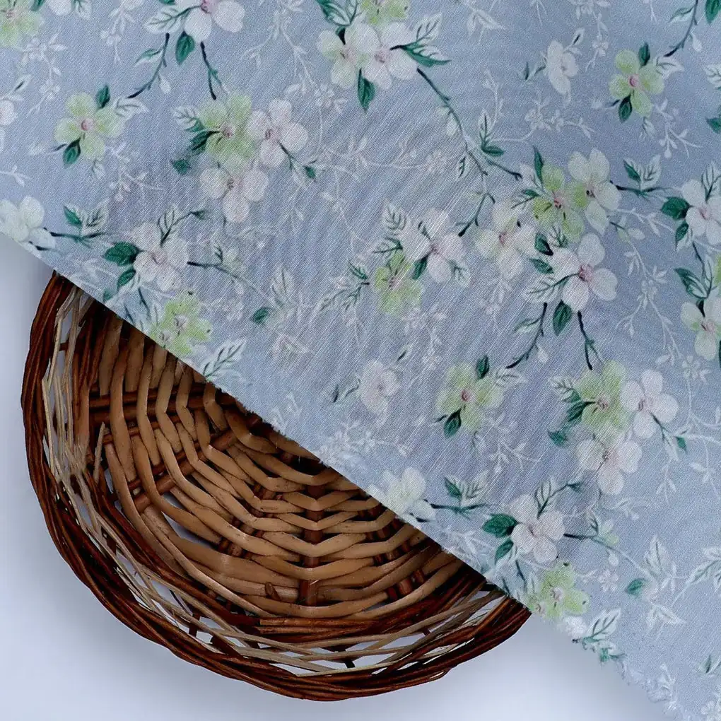 Beautiful White Jasmine Valley Flower Digital Printed Fabric - Muslin - Image 2