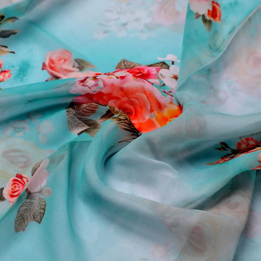 Beautiful Wite Orchid Flower Digital Printed Fabric - Pure Georgette - Image 3
