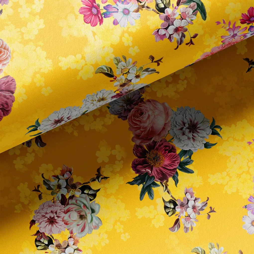 Beautiful Yellow Base Floral Bunch Digital Printed Fabric - Image 3
