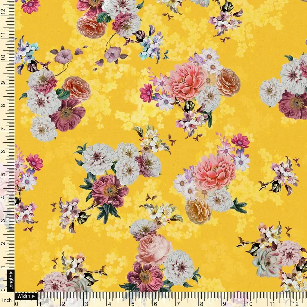 Beautiful Yellow Base Floral Bunch Digital Printed Fabric - Image 4