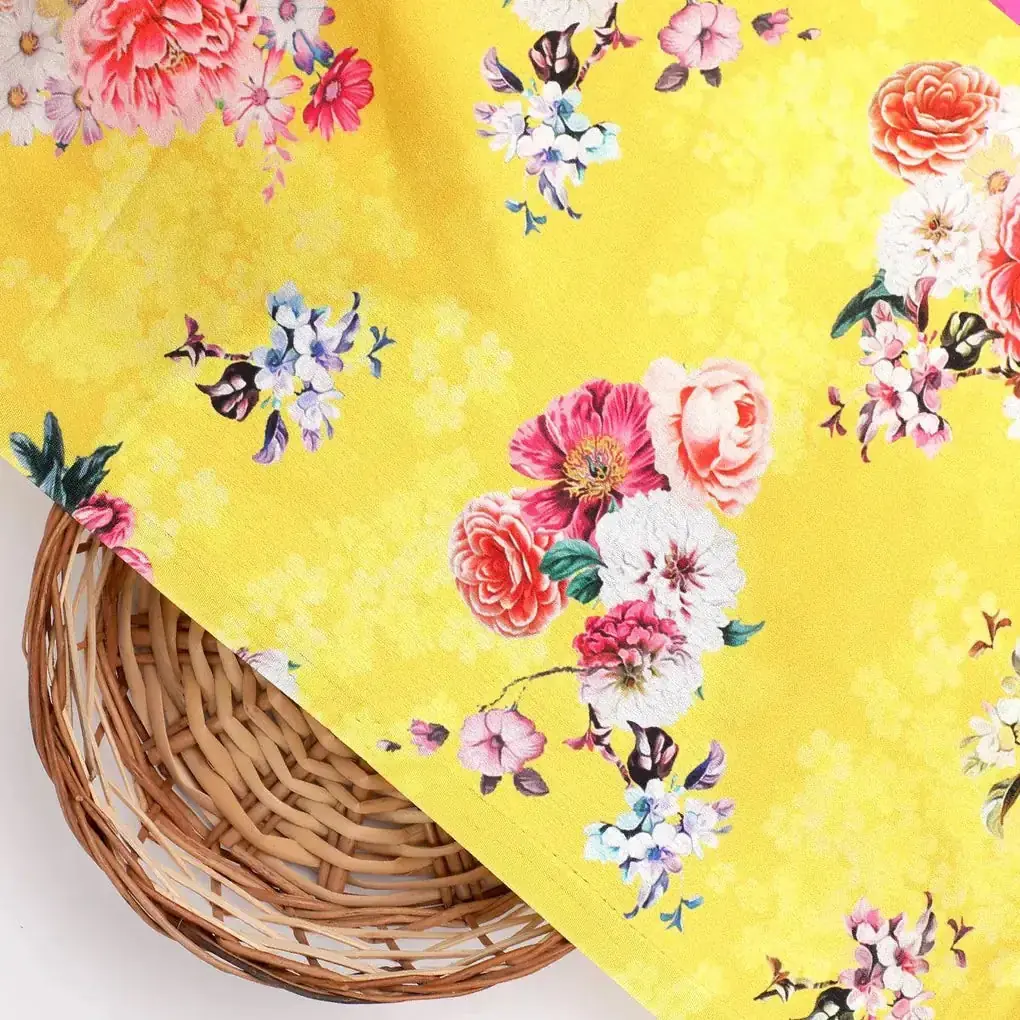 Beautiful Yellow Base Floral Bunch Digital Printed Fabric - Image 2