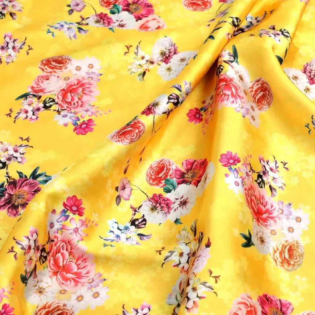 Beautiful Yellow Base Floral Bunch Digital Printed Fabric - Image 3