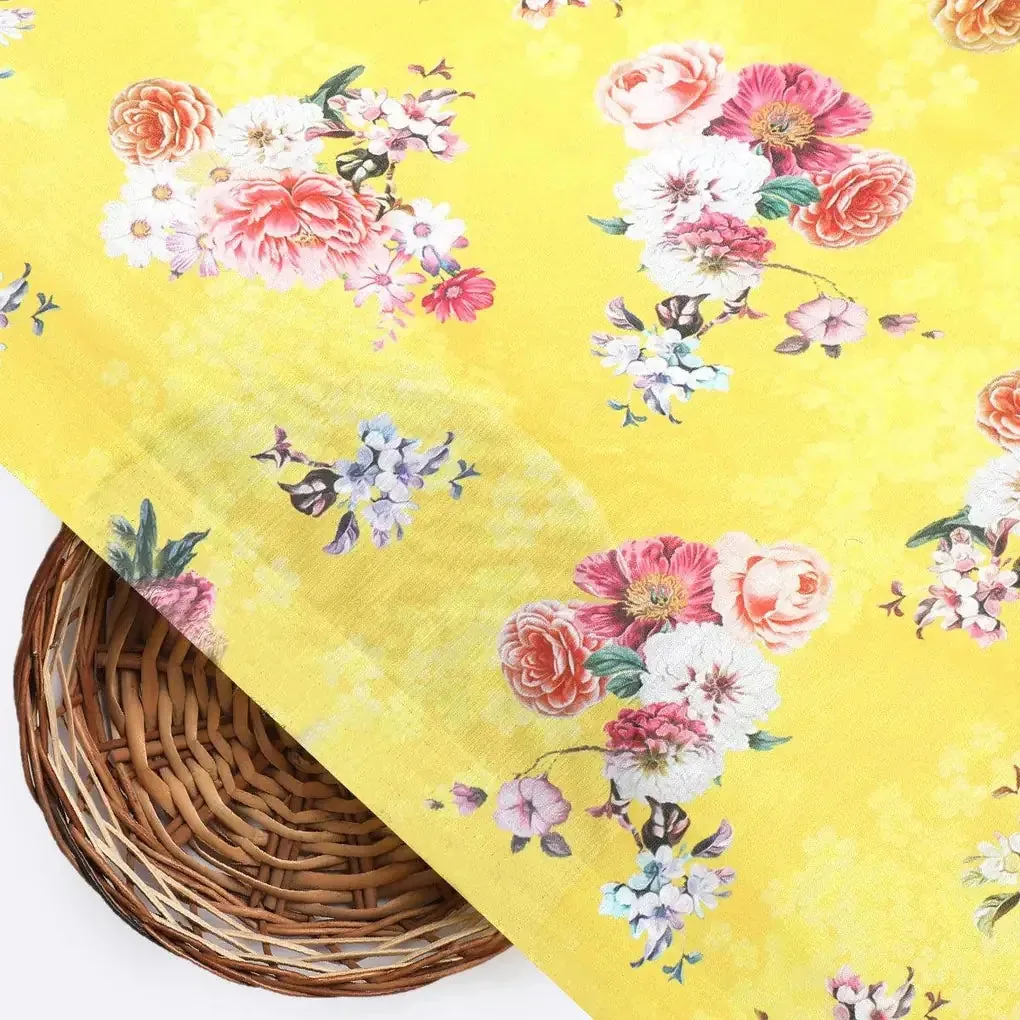 Beautiful Yellow Base Floral Bunch Digital Printed Fabric - Image 2