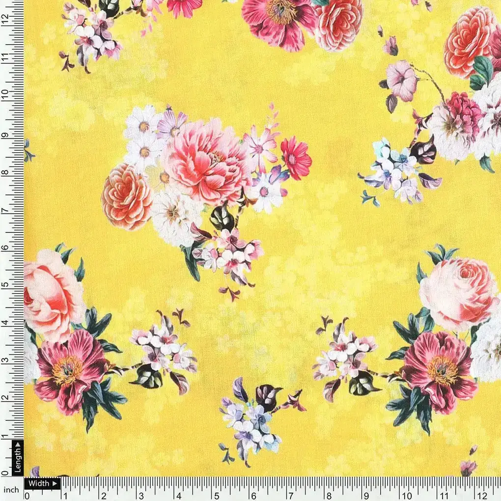 Beautiful Yellow Base Floral Bunch Digital Printed Fabric - Image 4