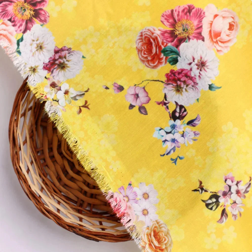 Beautiful Yellow Base Floral Bunch Digital Printed Fabric - Image 3